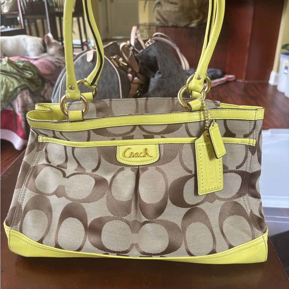 Coach Brown and Yellow Shoulder Bag with Signature Design